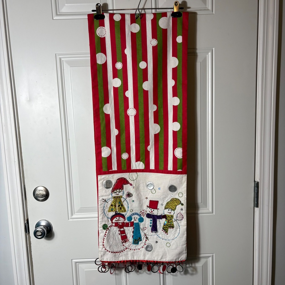 Pier 1 Imports Snowman Table Runner Red Green Striped Embroidered Beaded 72x14